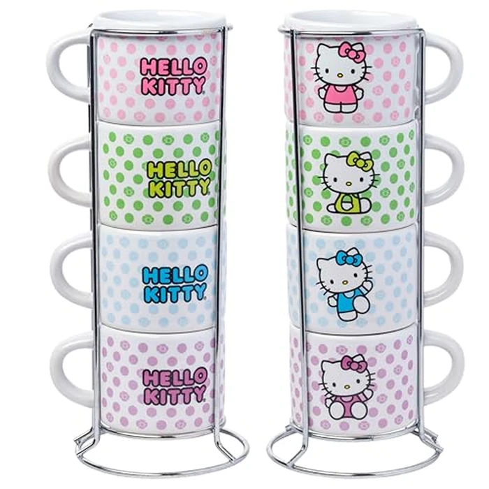 Silver Buffalo Sanrio Hello Kitty Polka Dots 4pc Stackable Ceramic Espresso Small Cup Set, 3 Ounces by Silver Buffalo - Image 3