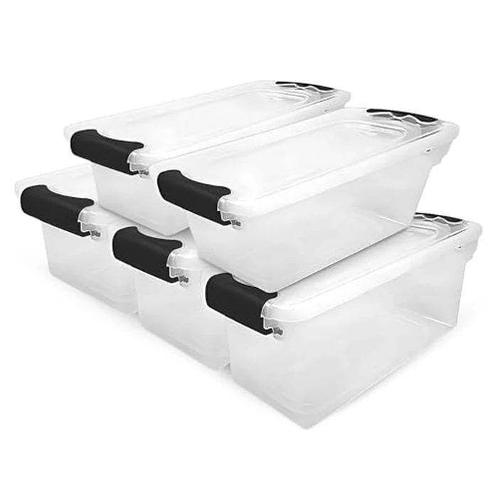 HOMZ 5-Pack Latching Lid, Clear Plastic Storage Organizer Bins, 7.5 Quart, Gray Latch - Stackable Organizing Containers for Home, Garage, and Office by HOMZ - Used - Very Good condition - US$30.15