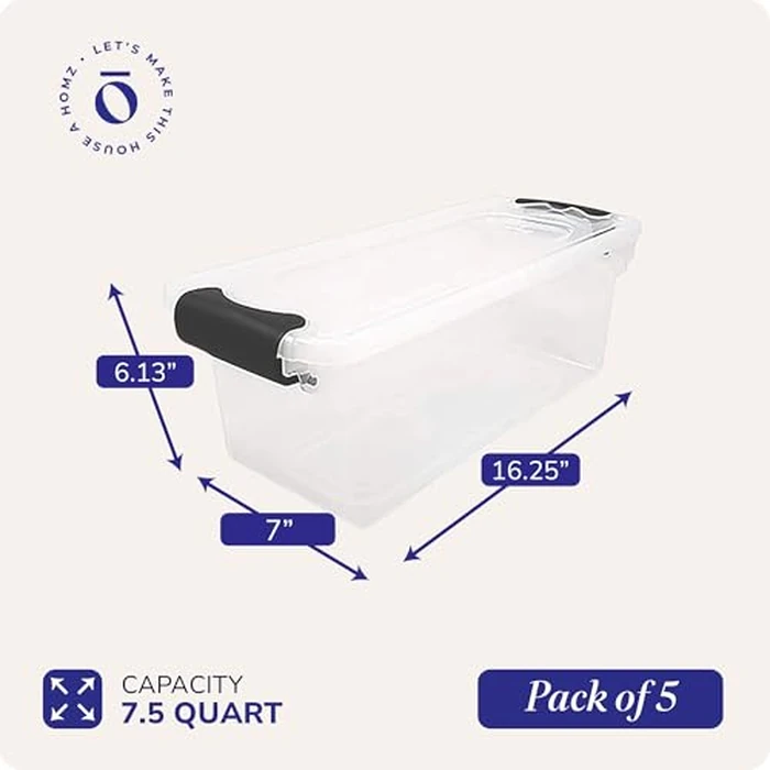HOMZ 5-Pack Latching Lid, Clear Plastic Storage Organizer Bins, 7.5 Quart, Gray Latch - Stackable Organizing Containers for Home, Garage, and Office by HOMZ - Image 4
