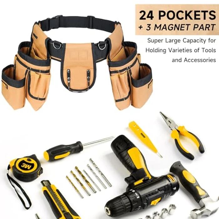 Tool Belt,Magnetic Tool Pouch,27-Pockets Heavy Duty Tool Belts for Men with 4 D-Rings,Detachable Tool Pouch Bag for Electrician,Carpenter,Construction,Utility Belt,Gifts for Men,Brown by LEFOR·Z - Image 6