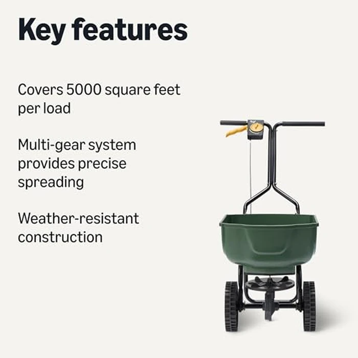 Amazon Basics Fertilizer Spreader for Lawn, Evenly Spreading, Multi-Gear System, Covers 5000 Square Feet per Load, 33 Pounds, 0.53 Cubic Feet, All Season, 1-Pack by Amazon Basics - Image 2