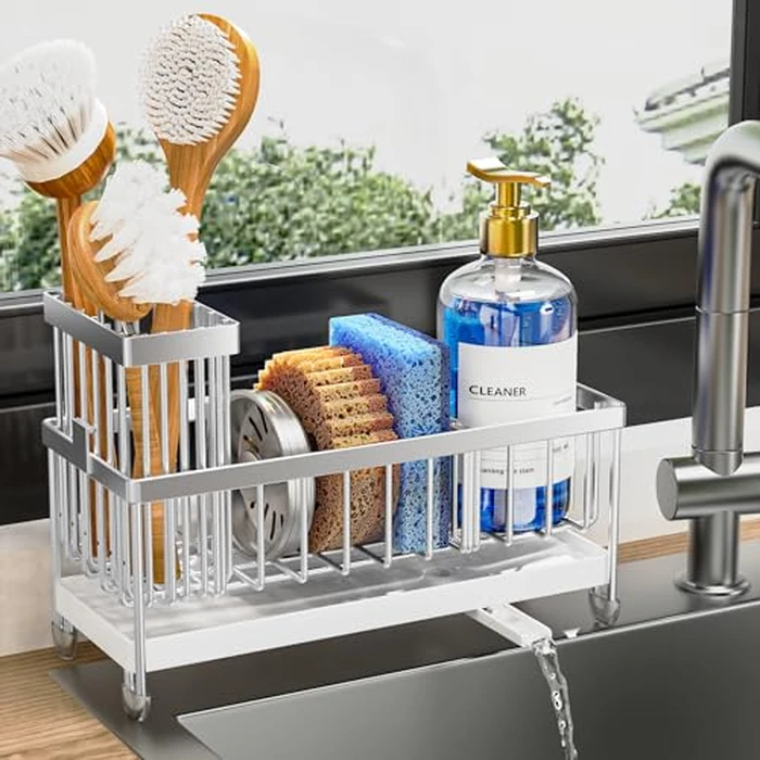 Cisily Sponge Holder for Kitchen Sink, Sink Caddy Organizer with High Brush Holder, Kitchen Countertop Organizers and Storage Essentials, Rustproof 304 Stainless Steel (Silver, 9.25″) by Cisily - Used - Like New condition - US$17.07