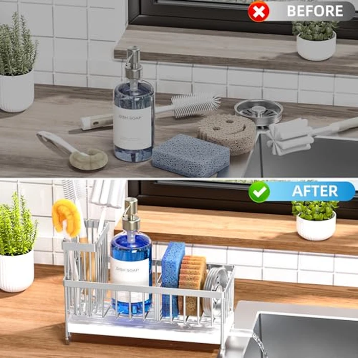 Cisily Sponge Holder for Kitchen Sink, Sink Caddy Organizer with High Brush Holder, Kitchen Countertop Organizers and Storage Essentials, Rustproof 304 Stainless Steel (Silver, 9.25″) by Cisily - Image 6