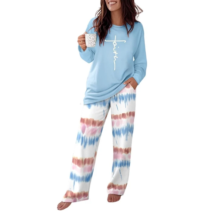 CHICME Womens Pajamas Sets 2 Piece Long Sleeve Lounge Set Printed Loose Pants Pj Sets Loungewear Tracksuits with Pockets Ombre Blue-S by CHICME - Used - Very Good condition - US$24.44