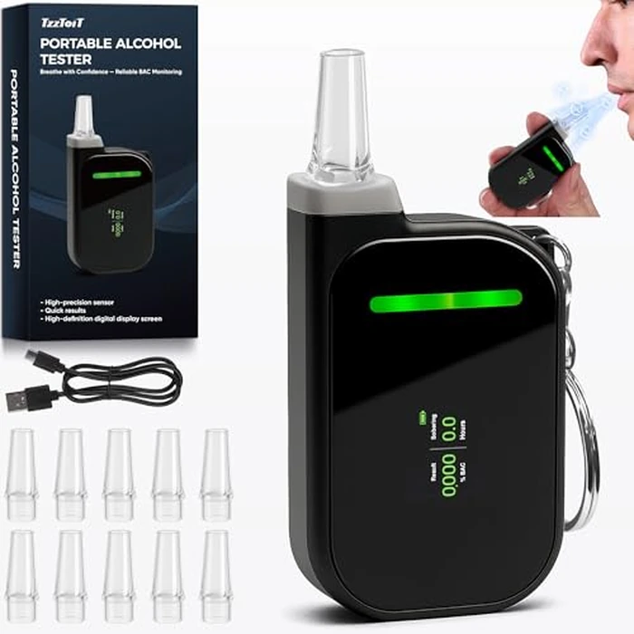 Portable Breathalyzers for Alcohol, Professional-Grade High Accuracy Alcohol Breathalyzer Tester Keychain, USB Rechargeable, 3-Color Warning & Sobriety Time Reminder, 10 Mouthpieces Included, Black by TzzToiT - Used - Like New condition - US$33.99