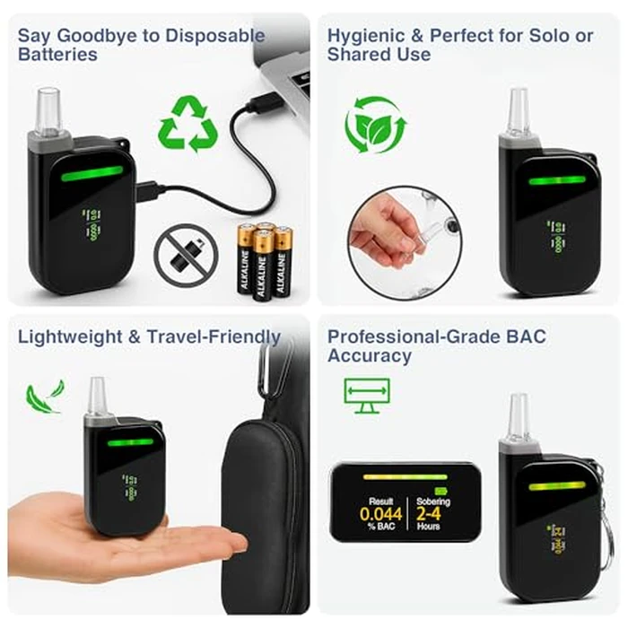 Portable Breathalyzers for Alcohol, Professional-Grade High Accuracy Alcohol Breathalyzer Tester Keychain, USB Rechargeable, 3-Color Warning & Sobriety Time Reminder, 10 Mouthpieces Included, Black by TzzToiT - Image 5