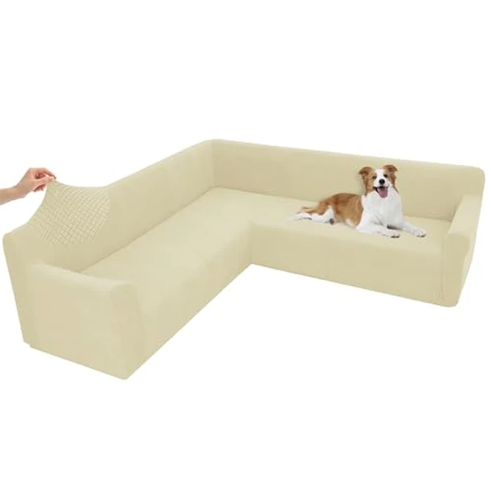 Arfntevss Stretch Sectional Couch Covers L Shaped Corner Sectional Sofa Cover Washable Jacquard Soft Fleece U Shape Sofa Slipcovers Anti Slip Furniture Protector for Dogs Pets (X-Large, Beige) by Arfntevss - Image 1