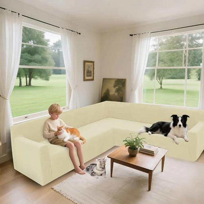 Arfntevss Stretch Sectional Couch Covers L Shaped Corner Sectional Sofa Cover Washable Jacquard Soft Fleece U Shape Sofa Slipcovers Anti Slip Furniture Protector for Dogs Pets (X-Large, Beige) by Arfntevss - Image 2