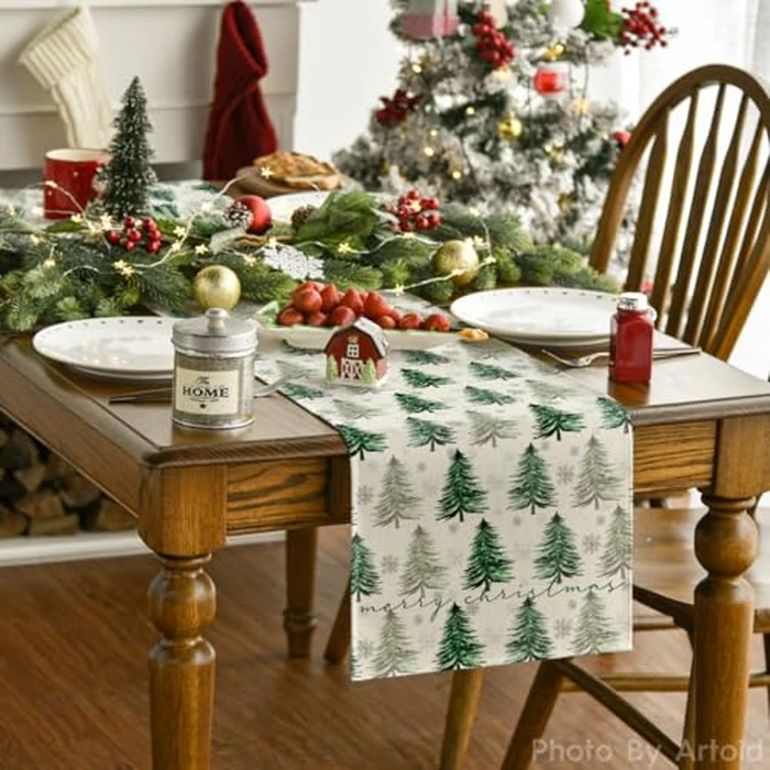 Artoid Mode Xmas Trees Snowflake Christmas Table Runner, Seasonal Winter Green Kitchen Dining Table Decoration for Home Party Decor 13x108 Inch by Artoid Mode - Image 5