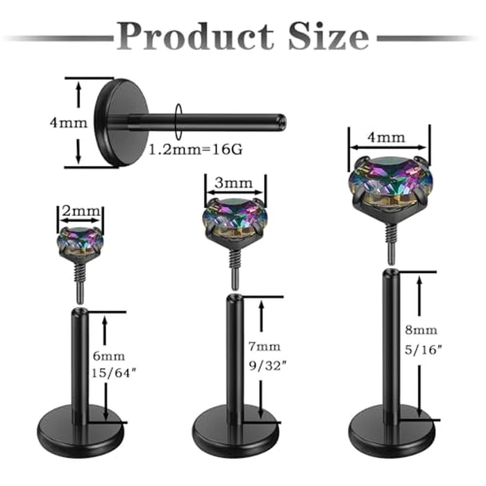 Gotumo 16G Flat Back Earrings Stud Nose Ring Titanium Internal Thread Tragus Labret Cartilage Lip Medusa Conch Body Piercing Jewelry Nose Stud Hypoallergenic for Women Men(Black S) by Gotumo - Image 2