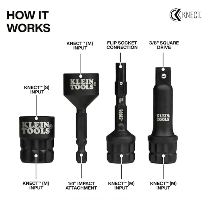 Klein Tools 65KADPM KNECT (M) Impact Socket Adapter Set, 4 Adapters for 3/8-Inch Drive Tools, Flip Sockets and Impact Drivers, Compatible with KNECT (S) and (M) Systems by KLEIN TOOLS - Image 3