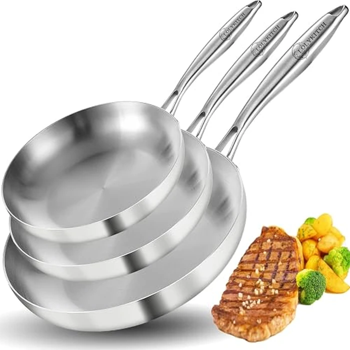 LOLYKITCH 8+10+12 Inch Tri-Ply Stainless Steel Frying Pan Set- Professional Skillet Fast & Even Heating, Induction & Oven Safe Cookware for Modern Home Kitchens, Detachable Handle by LOLYKITCH - Image 1