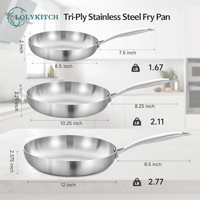 LOLYKITCH 8+10+12 Inch Tri-Ply Stainless Steel Frying Pan Set- Professional Skillet Fast & Even Heating, Induction & Oven Safe Cookware for Modern Home Kitchens, Detachable Handle by LOLYKITCH - Image 6