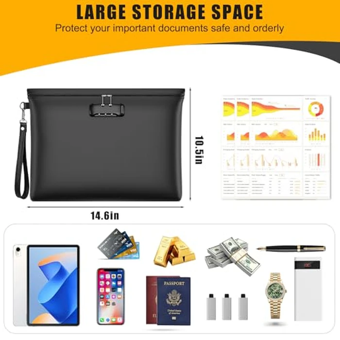 Fireproof Document Bag with Lock, ZOOPIP 14.6"x10.5" Fireproof and Waterproof Money Bag with Zipper Closure, Storage Pouch for A4 Letter Size Document, Cash, Cell Phone, Passport-Black by ZOOPIP - Image 3