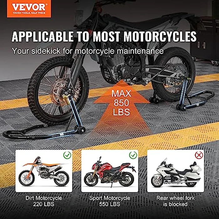 vevor Motorcycle Stand Lift 850lbs Front Rear Combo Stand Lift Stand Front Wheel Fork Stand Rear U+L Fork Swingarm Spool Stand Compatible with Most Yamaha Honda Kawasaki Suzuki Motorcycles Black by VEVOR - Image 2