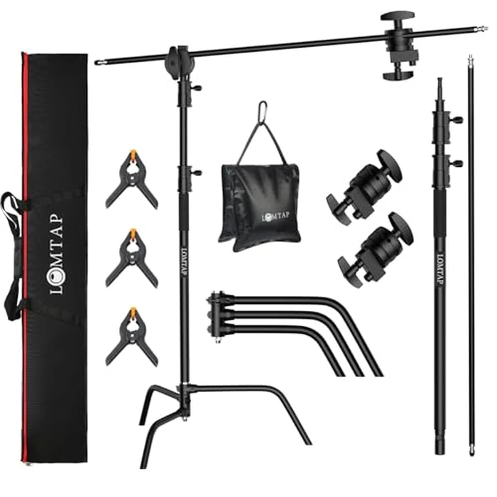 LOMTAP C Stand Light Stand Stainless Metal Photography Kit - Heavy Duty 6.8ft/210cm Vertical Pole, 2.8ft/87cm Boom Arm, Adjustable Base, Water Sandbag, 2 Grip Heads, 3 Clips for Softbox, Reflector by LOMTAP - Image 1