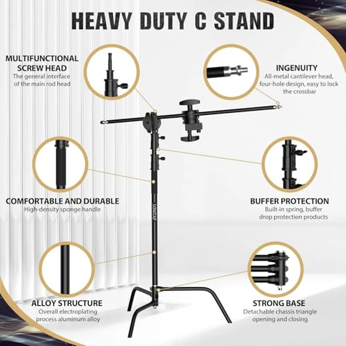 LOMTAP C Stand Light Stand Stainless Metal Photography Kit - Heavy Duty 6.8ft/210cm Vertical Pole, 2.8ft/87cm Boom Arm, Adjustable Base, Water Sandbag, 2 Grip Heads, 3 Clips for Softbox, Reflector by LOMTAP - Image 2