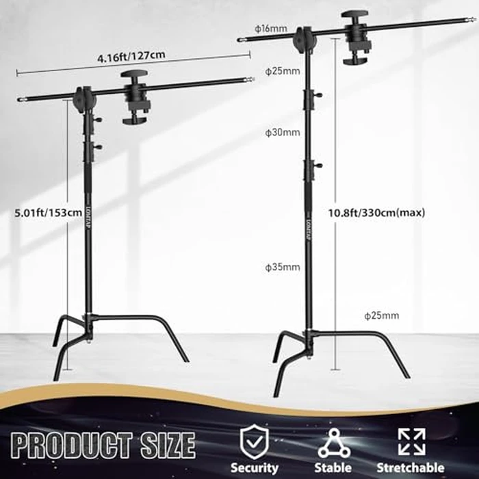 LOMTAP C Stand Light Stand Stainless Metal Photography Kit - Heavy Duty 6.8ft/210cm Vertical Pole, 2.8ft/87cm Boom Arm, Adjustable Base, Water Sandbag, 2 Grip Heads, 3 Clips for Softbox, Reflector by LOMTAP - Image 3