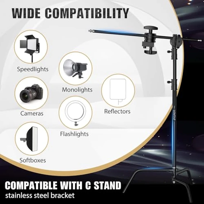 LOMTAP C Stand Light Stand Stainless Metal Photography Kit - Heavy Duty 6.8ft/210cm Vertical Pole, 2.8ft/87cm Boom Arm, Adjustable Base, Water Sandbag, 2 Grip Heads, 3 Clips for Softbox, Reflector by LOMTAP - Image 5