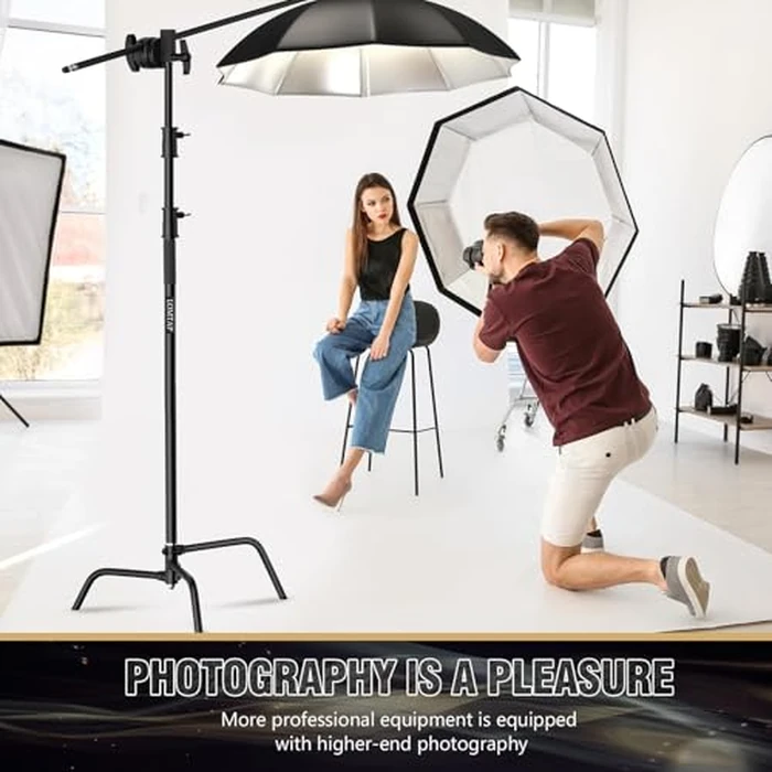 LOMTAP C Stand Light Stand Stainless Metal Photography Kit - Heavy Duty 6.8ft/210cm Vertical Pole, 2.8ft/87cm Boom Arm, Adjustable Base, Water Sandbag, 2 Grip Heads, 3 Clips for Softbox, Reflector by LOMTAP - Image 6