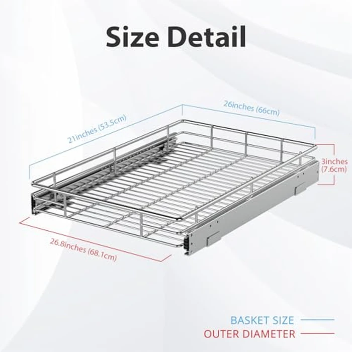 Pull Out Cabinet Organizer, Versatile Slide Out Kitchen Organizers and Storage, Heavy Duty Drawer Cupboard Storage Basket, Smooth Sliding, Chrome Finish (Outside Dimensions: 26.8”W x 21”D) by ZOINLIY - Image 2