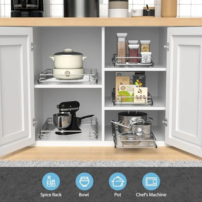 Pull Out Cabinet Organizer, Versatile Slide Out Kitchen Organizers and Storage, Heavy Duty Drawer Cupboard Storage Basket, Smooth Sliding, Chrome Finish (Outside Dimensions: 26.8”W x 21”D) by ZOINLIY - Image 4