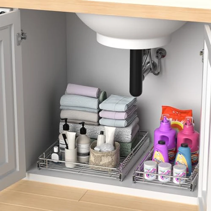 Pull Out Cabinet Organizer, Versatile Slide Out Kitchen Organizers and Storage, Heavy Duty Drawer Cupboard Storage Basket, Smooth Sliding, Chrome Finish (Outside Dimensions: 26.8”W x 21”D) by ZOINLIY - Image 5