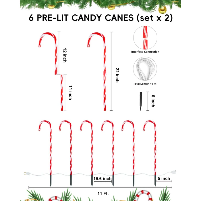 COOLWUFAN 12 Pack Christmas Candy Cane Pathway Markers, 22'' Candy Cane Christmas Decorations Pathway Lights Outdoor with 72 Warm Lights for Xmas Holiday Party Walkway Patio Garden Yard Lawn Decor by COOLWUFAN - Image 2