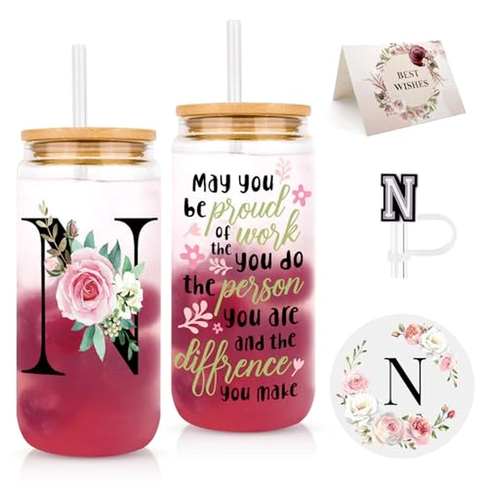 Initial Glass Cups with Lids and Straws, Personalized Gifts for Women, Iced Coffee Cup Glass Tumbler, Birthday Bridesmaid Proposal Inspirational Customized Gifts for Her Girls (N) by WINOWIMO - Used - Very Good condition - CA$11.45