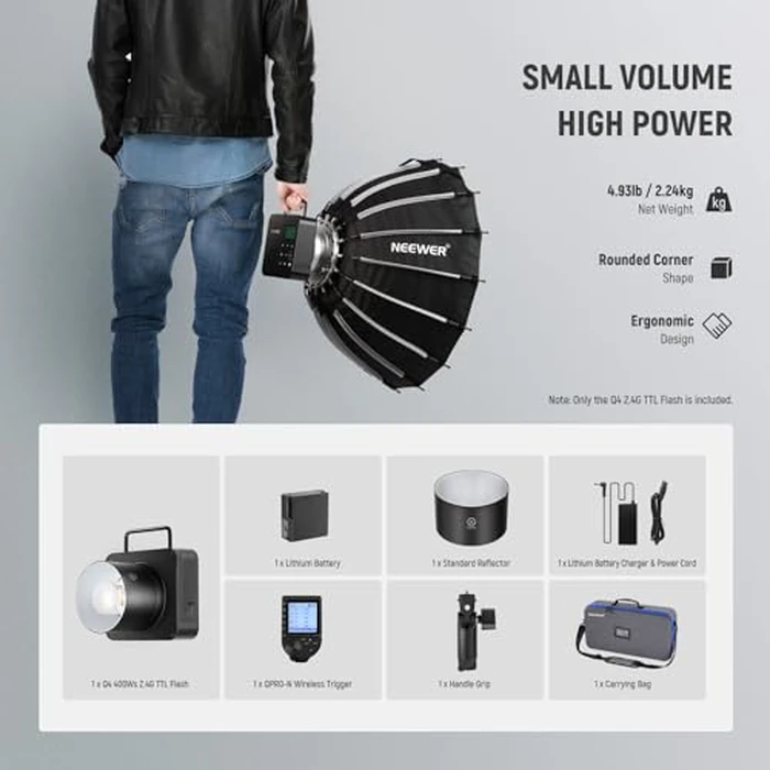 NEEWER Q4 400Ws Studio Flash Outdoor Strobe 2.4G TTL & QPRO-N Trigger Compatible with Nikon, 1/8000 HSS/30W Modeling Lamp/400 Full Power/0.01-1.2s Recycle/21.6V 2800mAh Battery for Wedding Photography by NEEWER - Image 9