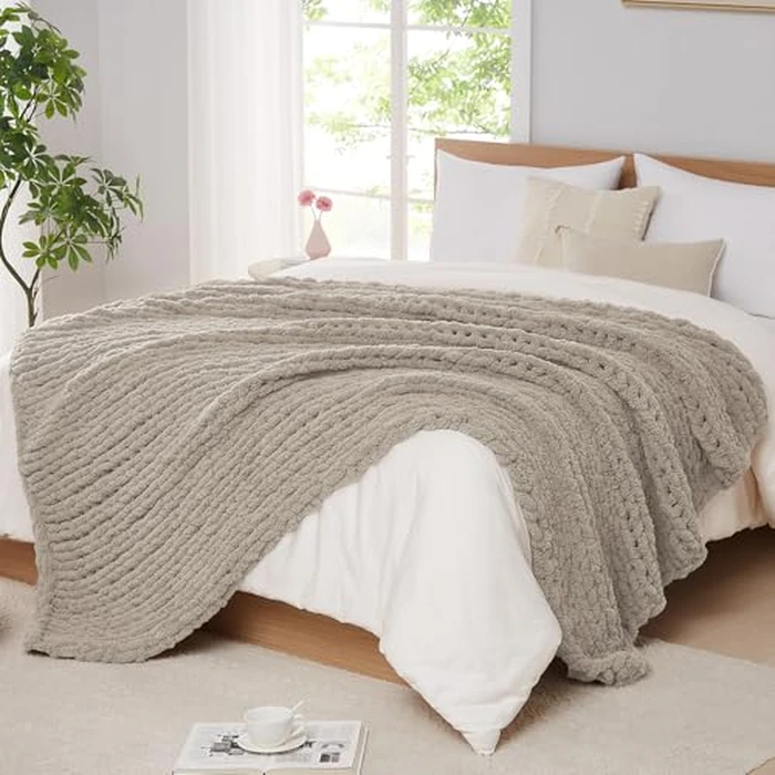 L'AGRATY Chunky Knit Blanket Throw: 50''x60'' Chenille Chunky Knitted Throw Blanket for Bed Couch - Handmade Thick Big Cable Knit Blanket - Large Crochet Rope Blanket for Home Decor(Light Linen) by L'AGRATY - Used - Very Good condition - US$46.95