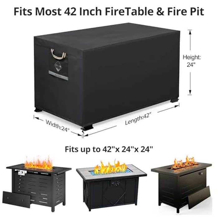QH.HOME Fire Pit Cover Rectangular Super Waterproof 42" L x 24" W x 24" H, UPF 50+ Outdoor Fire Pit Table Cover 600D Strong Tear Resistant and Fading Resistant for Rectangular Fire Pit - Black by QH.HOME - Image 2