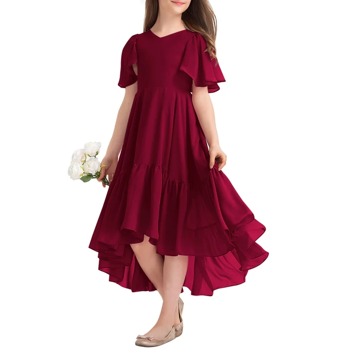 Girls Ruffle Dresses Casual A Line V Neck Short Sleeve Flowy High Low Long Maxi Junior Bridesmaid Party Dress Red by Fashare - Used - Like New condition - US$27.71