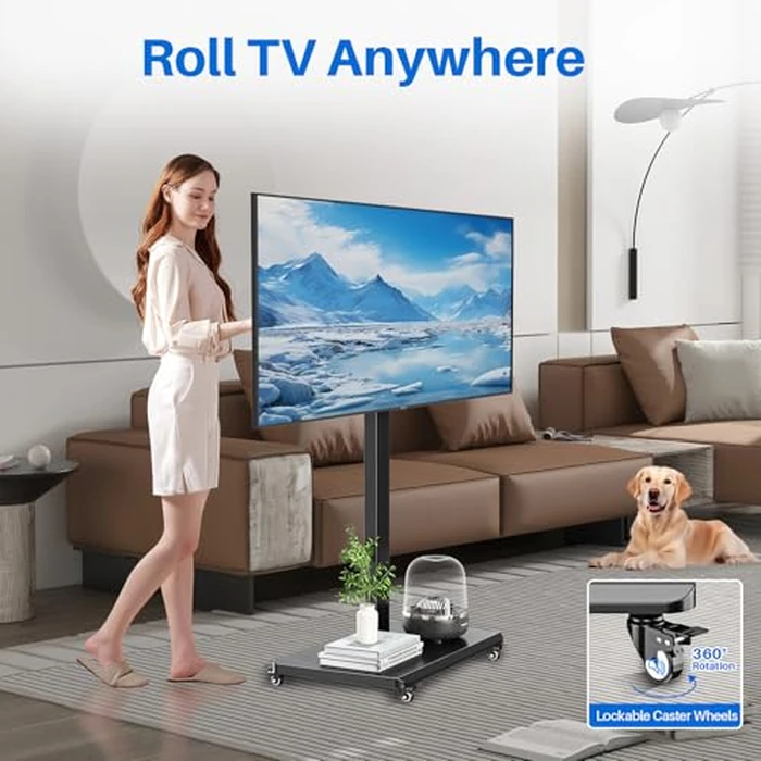 Mobile TV Cart Rolling TV Stand for 26 to 65 Inch TVs, Landscape to Portrait Rotating, Height Adjustable Portable Floor TV Stand with Locking Wheels Hold Up to 110 Lbs Max VESA 400x400mm by sythdio - Image 3