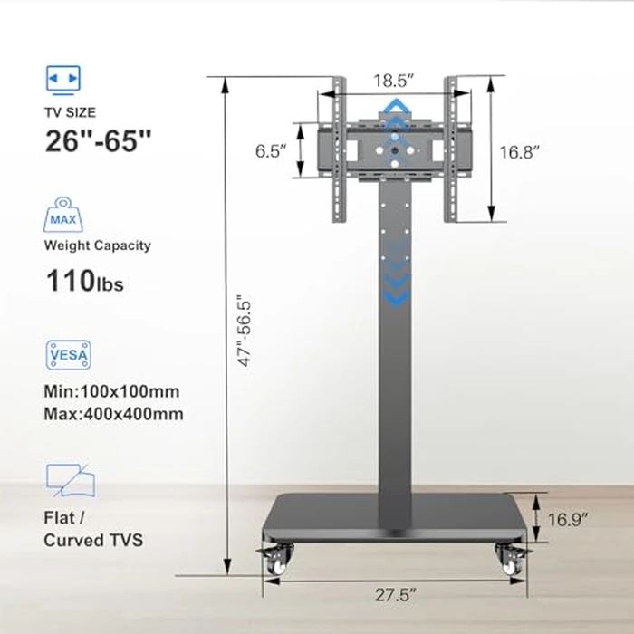 Mobile TV Cart Rolling TV Stand for 26 to 65 Inch TVs, Landscape to Portrait Rotating, Height Adjustable Portable Floor TV Stand with Locking Wheels Hold Up to 110 Lbs Max VESA 400x400mm by sythdio - Image 4