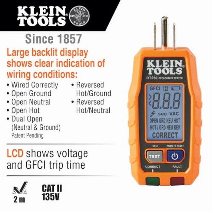 Klein Tools RT250 GFCI Outlet Tester with LCD Display, Electric Voltage Tester for Standard 3-Wire 120V Electrical Receptacles by KLEIN TOOLS - Image 3