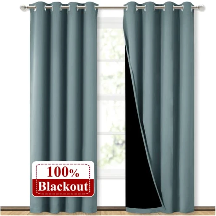 NICETOWN 100% Blackout Curtains 84 inches Long，Pair of Energy Smart & Noise Blocking Out Drapes for Baby Room Window，Thermal Insulated Guest Room Lined Window Dressing(Greyish Blue，52 inches Wide) by NICETOWN - Image 1