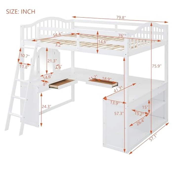 Ball & Cast Full Loft Bed with U-Shaped Desk,Loft Bed Frame W/Storage Compartments and Tri-fold Mirror,for Bedroom,Guest Room,Dorms,Apartment,White by Ball & Cast - Image 3
