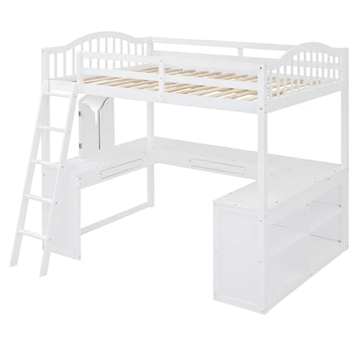 Ball & Cast Full Loft Bed with U-Shaped Desk,Loft Bed Frame W/Storage Compartments and Tri-fold Mirror,for Bedroom,Guest Room,Dorms,Apartment,White by Ball & Cast - Image 4
