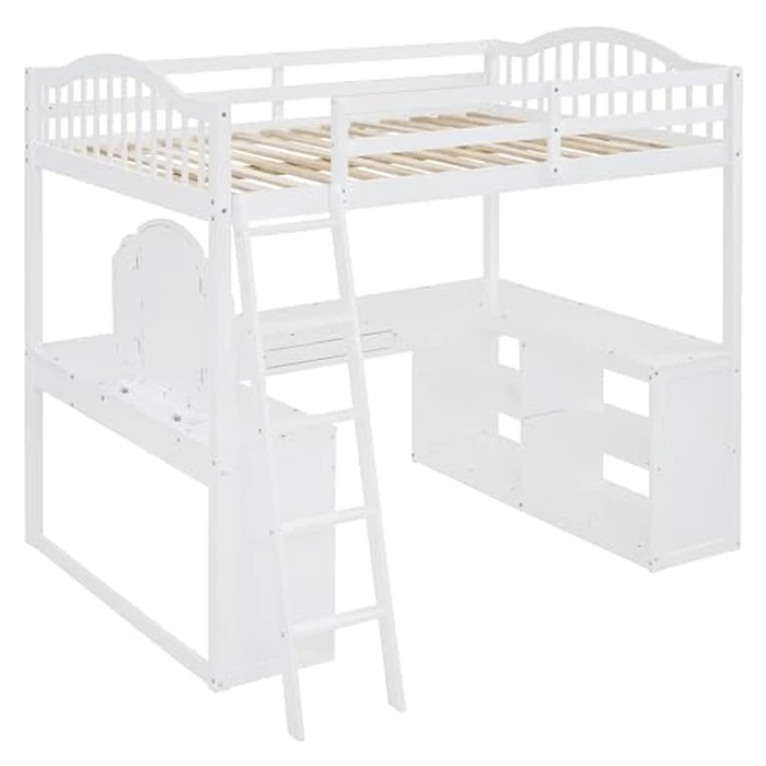 Ball & Cast Full Loft Bed with U-Shaped Desk,Loft Bed Frame W/Storage Compartments and Tri-fold Mirror,for Bedroom,Guest Room,Dorms,Apartment,White by Ball & Cast - Image 5