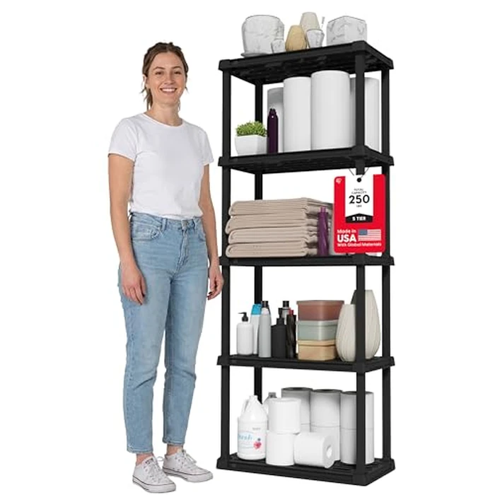 IRIS USA 5-Shelf Light Duty Plastic Storage Shelves, 250lb Capacity, 64" H x 24" W x 12" D, Medium Modular Shelving Unit Storage Organizer for Bathroom, Laundry, Garage & Home, Storage Rack - Black by IRIS USA - Used - Like New condition