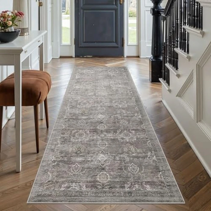 Rugxara 2x5 Runner Rug, Washable Kitchen Rugs, Grey Boho Vintage Floral Hallway Runner, Non Slip Low Pile Area Rug Carpet for Indoor Hallway, Kitchen, Laundry Room and Bathroom(Taupe/Grey 2x5ft) by Rugxara - Image 1