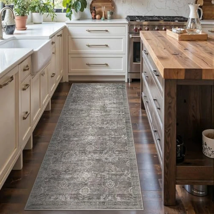 Rugxara 2x5 Runner Rug, Washable Kitchen Rugs, Grey Boho Vintage Floral Hallway Runner, Non Slip Low Pile Area Rug Carpet for Indoor Hallway, Kitchen, Laundry Room and Bathroom(Taupe/Grey 2x5ft) by Rugxara - Image 3