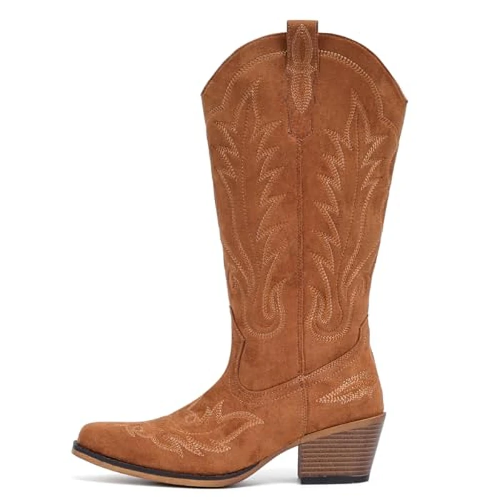 Fioralie Suede Cowboy Boots for Women Western Mid Calf Cowgirl Boots with Embroidered, Retro Snip Toe Fashion Boot With Chunky Block Heel Summer Fall Country Music Festival Cowboy Chic by Fioralie - Image 3