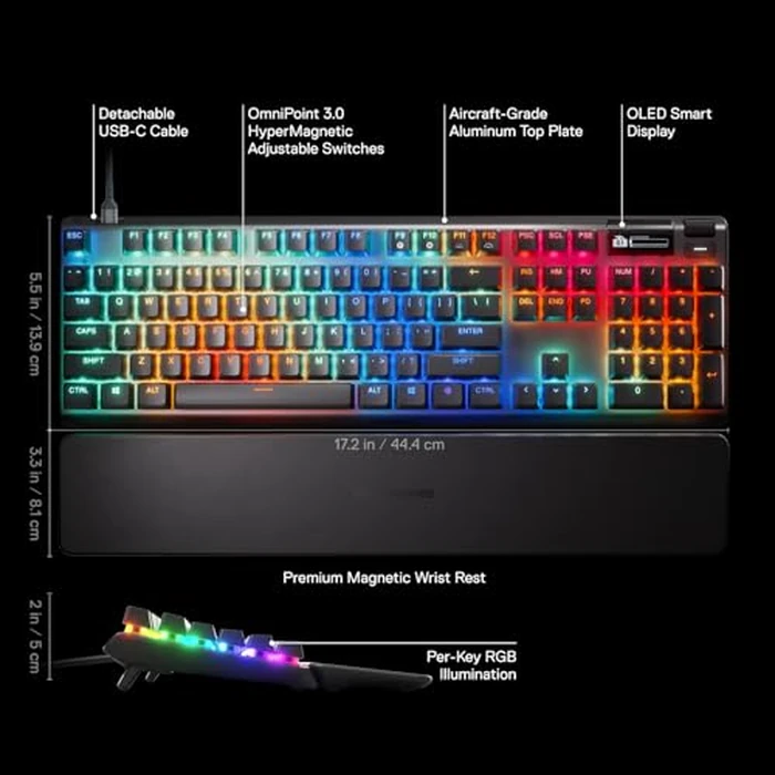 SteelSeries Apex Pro Gen 3 OmniPoint 3.0 HyperMagnetic Switches - Adjustable Actuation - Rapid Trigger - Game-Ready Presets - Protection Mode - Rapid Tap/SOCD - OLED - RGB - PBT Keycaps - USB-C by SteelSeries - Image 3