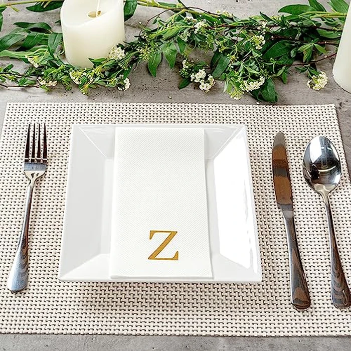 Luxenap 15.8 X 7.9 Inch Linen-Feel Guest Towels, 50 Lettered Hand Towels - Gold Letter 'Z', Sans Serif Font, White Paper Dinner Napkins, airlaid, For Restrooms And Tables - Restaurantware by Restaurantware - Image 4