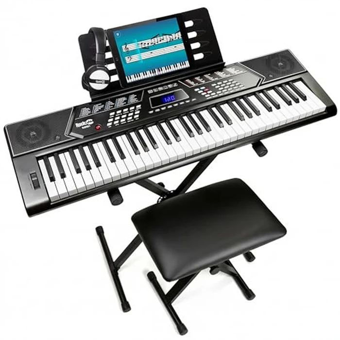 RockJam 61 Key Keyboard Piano Stand With Pitch Bend Kit, Piano Bench, Headphones, Simply Piano App & Keynote Stickers by RockJam - Used - Good condition - US$101.19