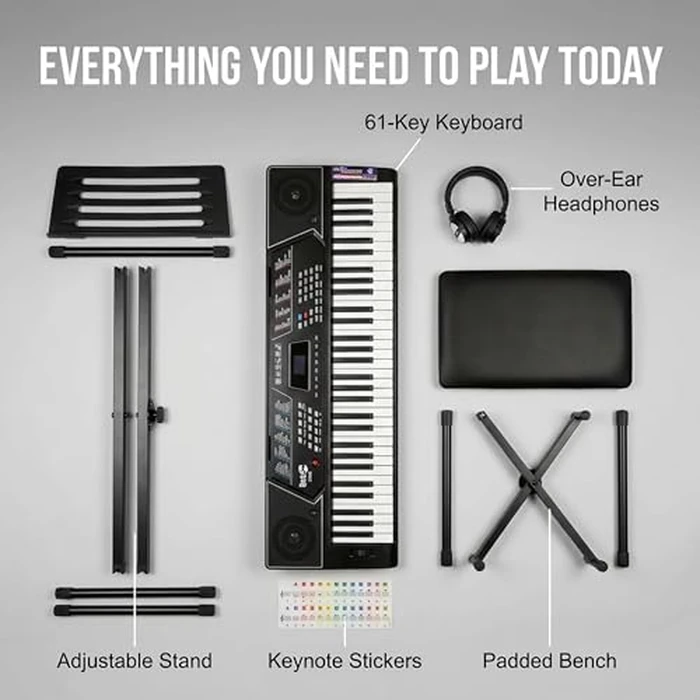 RockJam 61 Key Keyboard Piano Stand With Pitch Bend Kit, Piano Bench, Headphones, Simply Piano App & Keynote Stickers by RockJam - Image 2