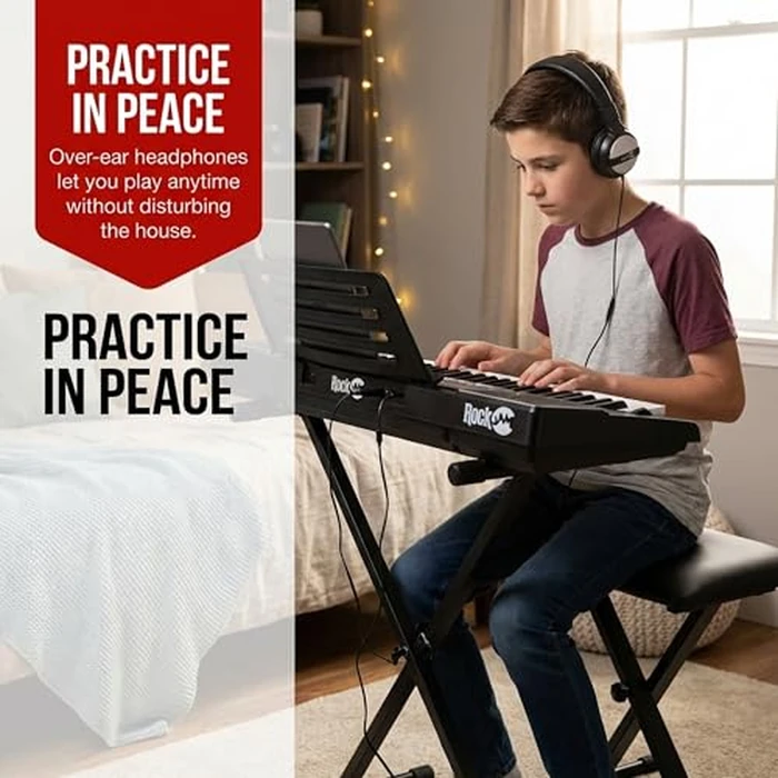 RockJam 61 Key Keyboard Piano Stand With Pitch Bend Kit, Piano Bench, Headphones, Simply Piano App & Keynote Stickers by RockJam - Image 5
