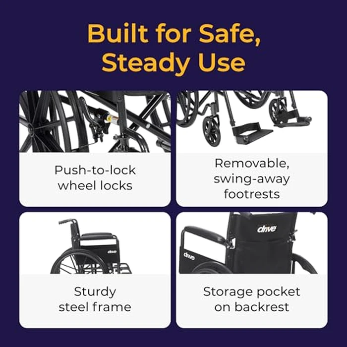 Drive Medical Silver Sport 1 Folding Transport Wheelchair - Lightweight Mobility Support - Full Armrests - Removable Swing-Away Footrests - Durable Steel Construction - Compact Folding Frame - Black by Drive Medical - Image 3